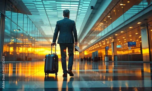 Businessman Walking Away at Sunset in Airport