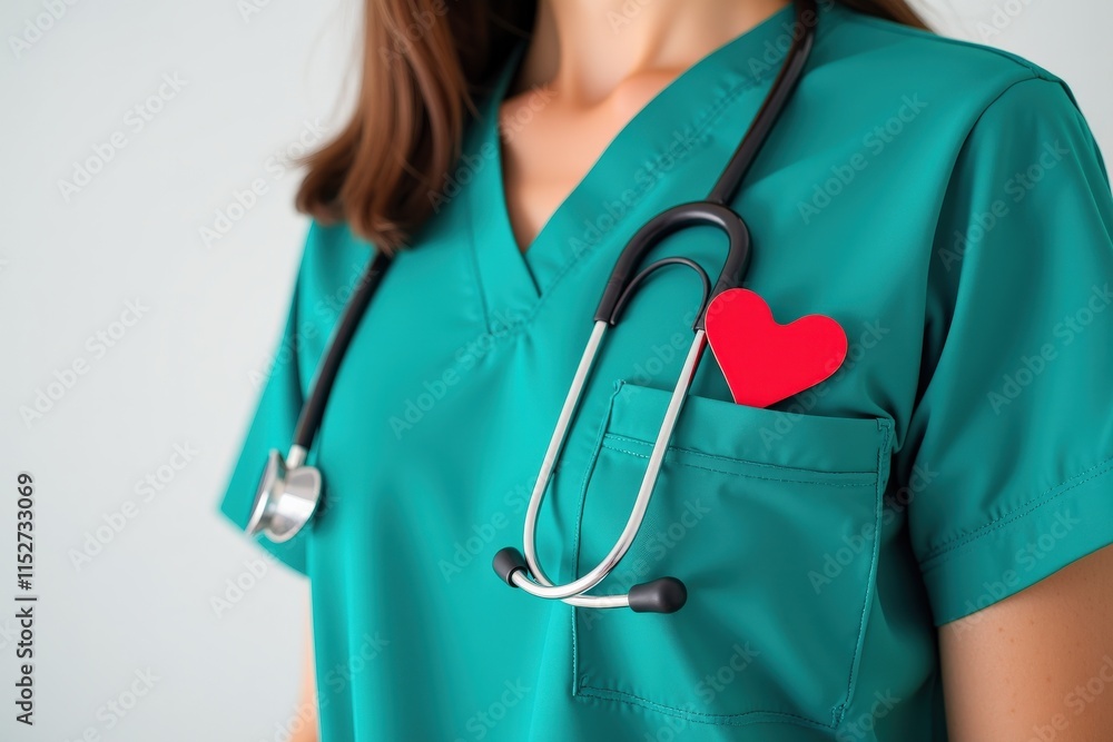Professional Nurse in Teal Scrubs with Stethoscope and Red Heart Symbol, Perfect for Healthcare Marketing and Medical Branding Professional Nurse in Teal Scrubs with Stethoscope and Red Heart Symbol, Perfect for Healthcare Marketing and Medical Branding