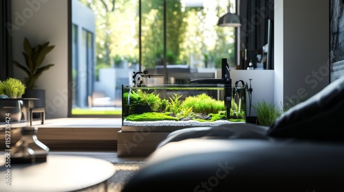 A detailed aquascaping setup in a modern living room, Aquascaping tools and materials neatly arranged around an aquarium, Minimalist indoor style photo