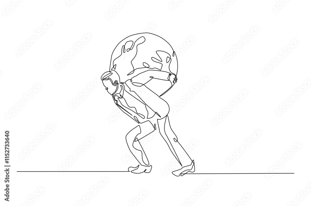 Fototapeta premium Man holding earth globe continuous one line drawing. Holding globe for save world environment single line art illustration concept. Editable vector.