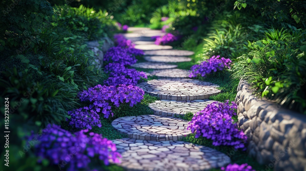 Obraz premium Winding pebble stone path lined with vibrant purple flowers creates a magical walkway perfect for fantasy or meditation marketing.