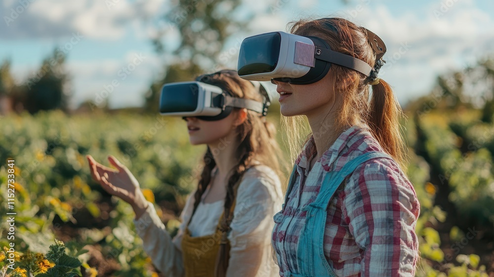 Obraz premium Virtual Reality in Agriculture: Two women farmers explore the future of farming with VR headsets in a sunflower field.