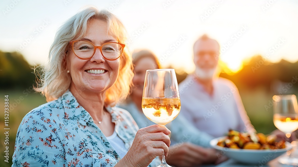Happy Senior Woman Enjoying Sunset Wine - Authenticity Happy Senior Woman Enjoying Sunset Wine - Authenticity