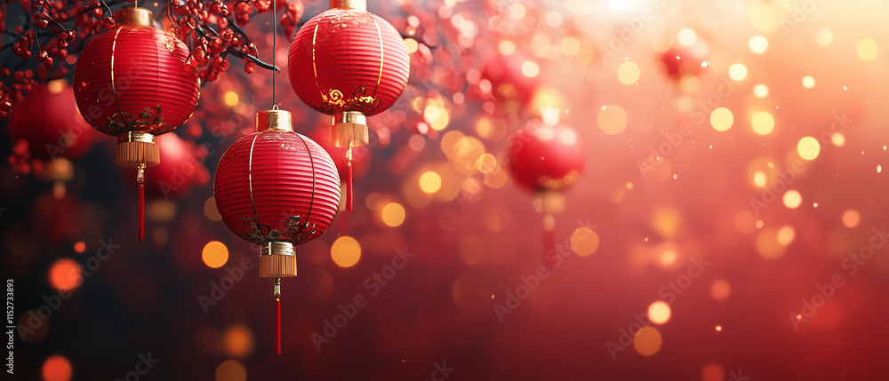 Red lanterns and decorations hanging from beautifully arranged pink flower trees. Chinese New Year concept. Red lanterns and decorations hanging from beautifully arranged pink flower trees. Chinese New Year concept.