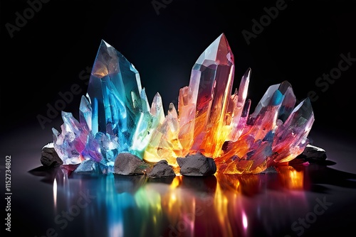 crystals of various shapes and colors descend from a shimmering photo