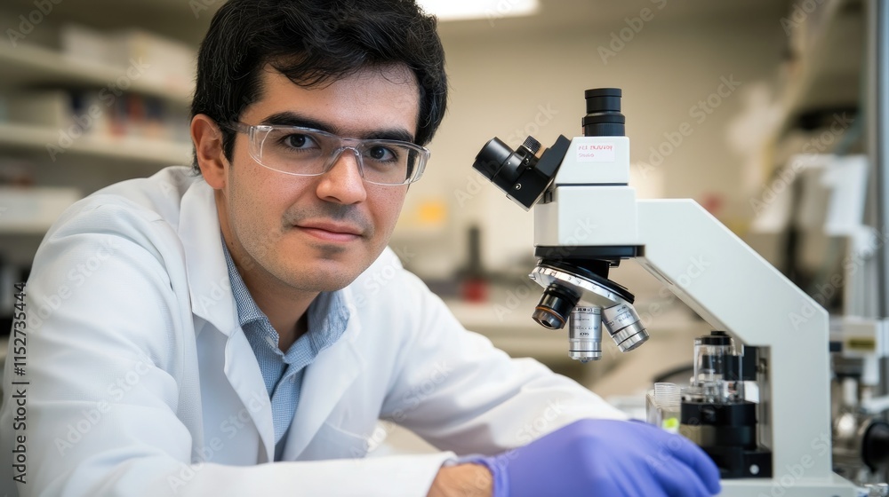 Scientist in lab coat, glasses, and gloves leans on a microscope. Scientist in lab coat, glasses, and gloves leans on a microscope.