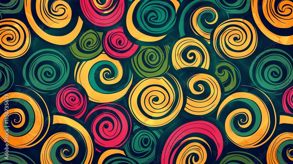 A seamless pattern of colorful swirls on a dark background. A seamless pattern of colorful swirls on a dark background.