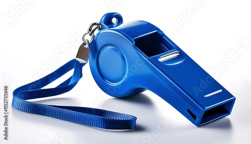 A blue plastic whistle with a blue lanyard is displayed on a white background