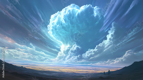 Aerial view of the troposphere with massive nimbus clouds spreading across a vast landscape, creating a sense of awe, nimbus vast troposphere, majestic atmospheric layers. Aureole. Illustration