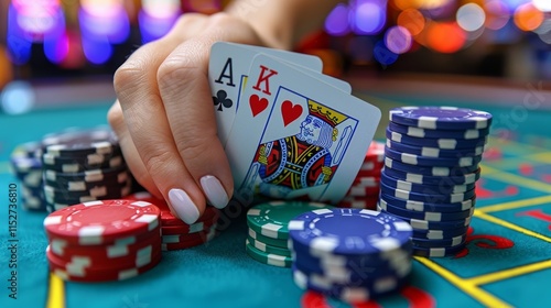 Close-up of a hand holding playing cards (Ace and King) at a casino table with poker chips.