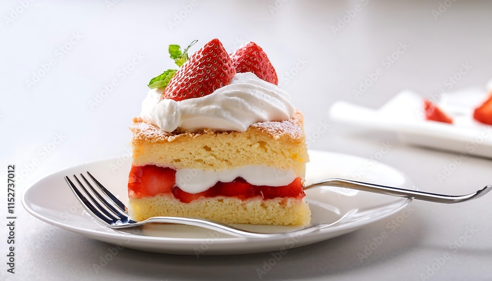 A slice of strawberry shortcake is topped with whipped cream on a white plate, with a fork beside it. A slice of strawberry shortcake is topped with whipped cream on a white plate, with a fork beside it.