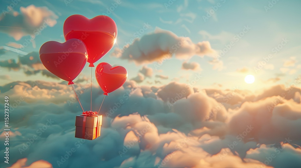 Fototapeta premium Three heart-shaped balloons carrying a gift box soar above a sunset-lit cloudscape.