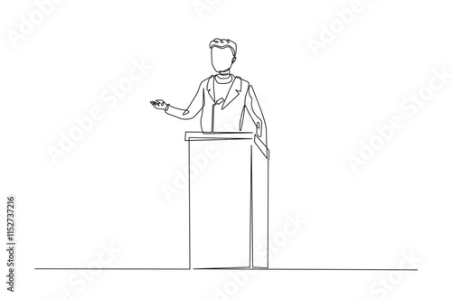 Businessman speaking at the podium continuous one line drawing. Politician, motivator speaking single line art illustration. Editable vector.