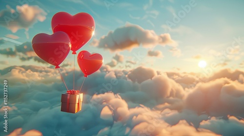 Three heart-shaped balloons carrying a gift box soar above a sunset-lit cloudscape.