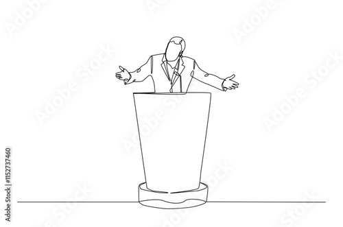 Businessman speaking at the podium continuous one line drawing. Politician, senator, motivator speaking single line art illustration. Editable vector.