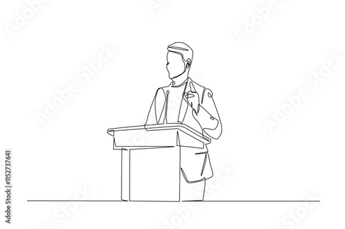 Businessman speaking at the podium continuous one line drawing. Politician, motivator speaking single line art illustration. Editable vector.