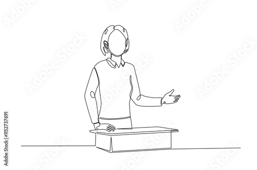 Businesswoman speaking at the podium continuous one line drawing. Politician, motivator speaking single line art illustration. Editable vector.