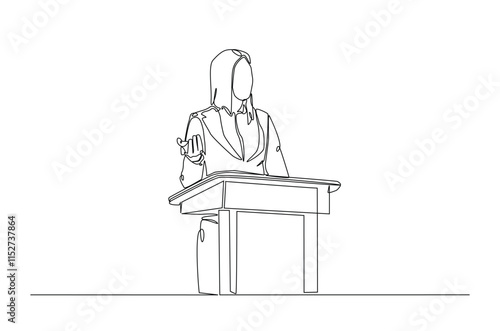 Businesswoman speaking at the podium continuous one line drawing. Politician, motivator speaking single line art illustration. Editable vector.