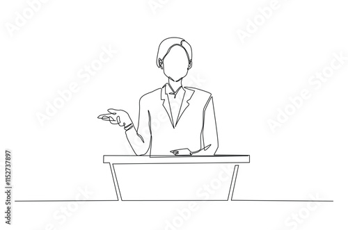 Businesswoman speaking at the podium continuous one line drawing. Politician, motivator speaking single line art illustration. Editable vector.