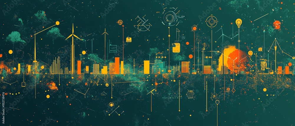 Obraz premium A dynamic visualization of sustainability with icons of clean energy solutions on a fresh