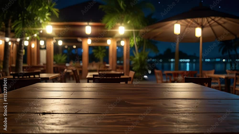 A wooden board with a cafe background at night. Seamless 4K looping timelapse video animation background A wooden board with a cafe background at night. Seamless 4K looping timelapse video animation background