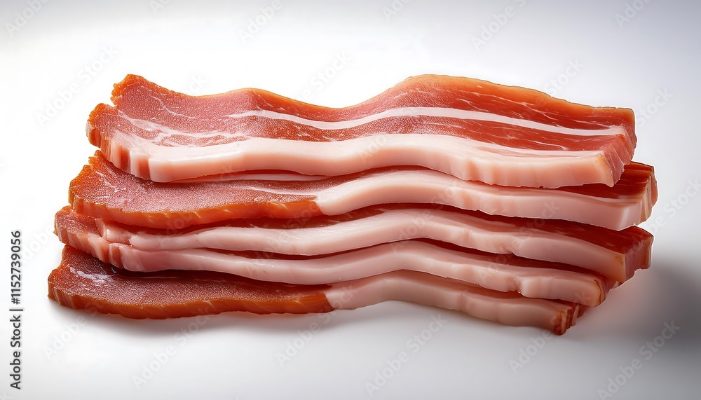 Slices of raw bacon are stacked together and displayed on a white background. Slices of raw bacon are stacked together and displayed on a white background.