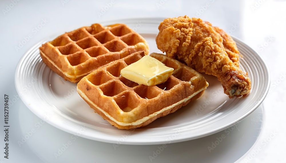 Two waffles with butter and fried chicken are presented on a white plate. Two waffles with butter and fried chicken are presented on a white plate.