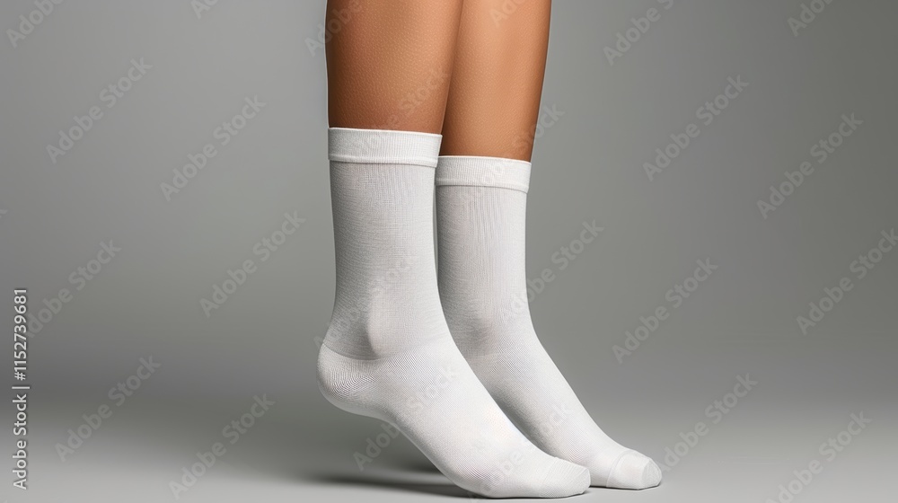 Close-up of a pair of white cotton socks on female legs against a gray background. Close-up of a pair of white cotton socks on female legs against a gray background.
