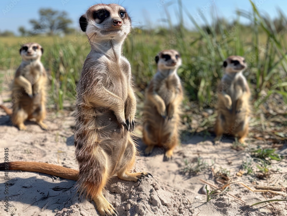 Four meerkats stand on sand in a field with blurred grass and blue sky. Four meerkats stand on sand in a field with blurred grass and blue sky.