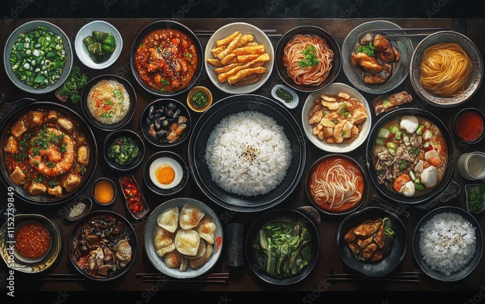 Overhead shot of a table laden with diverse Asian dishes, including noodles, rice, and various meats and vegetables. Overhead shot of a table laden with diverse Asian dishes, including noodles, rice, and various meats and vegetables.