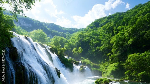 Lush green forest waterfall cascading down rocky cliffs into a river.