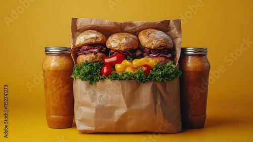 Three roast beef sandwiches in a brown paper bag with two jars of juice. photo