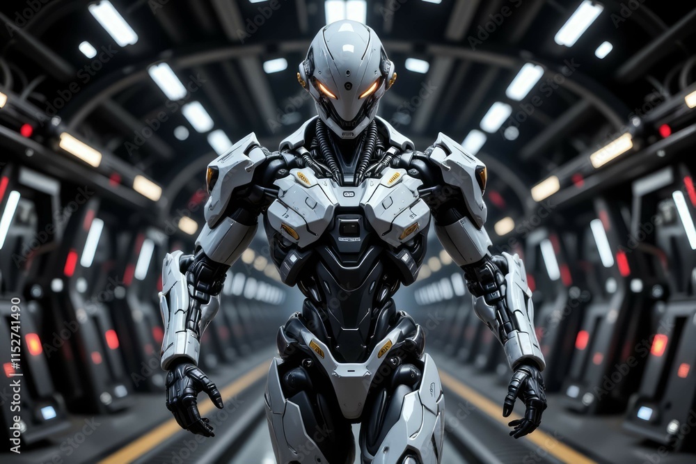 Advanced Robot Strolling Through Futuristic Corridor Advanced Robot Strolling Through Futuristic Corridor