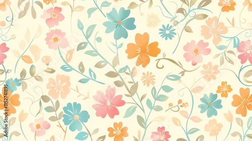 Wallpaper Mural A floral pattern with pink, orange and blue flowers on a cream background. Torontodigital.ca