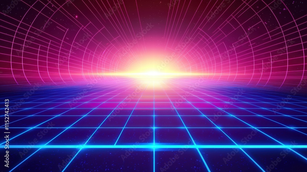 Futuristic neon grid with sunrise effect Futuristic neon grid with sunrise effect