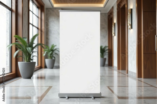 Blank retractable banner stands in a modern hallway