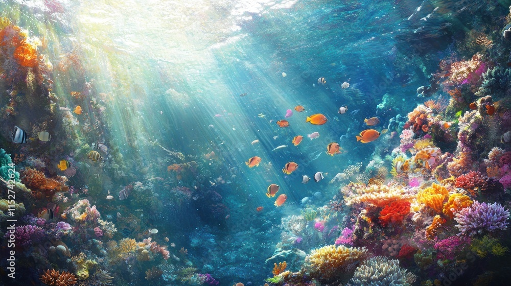 Fototapeta premium Vibrant Underwater Coral Reef Paradise: Sunbeams Illuminate a Colorful Ecosystem