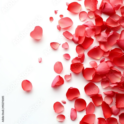 Red rose petals scattered on a white isolate background.