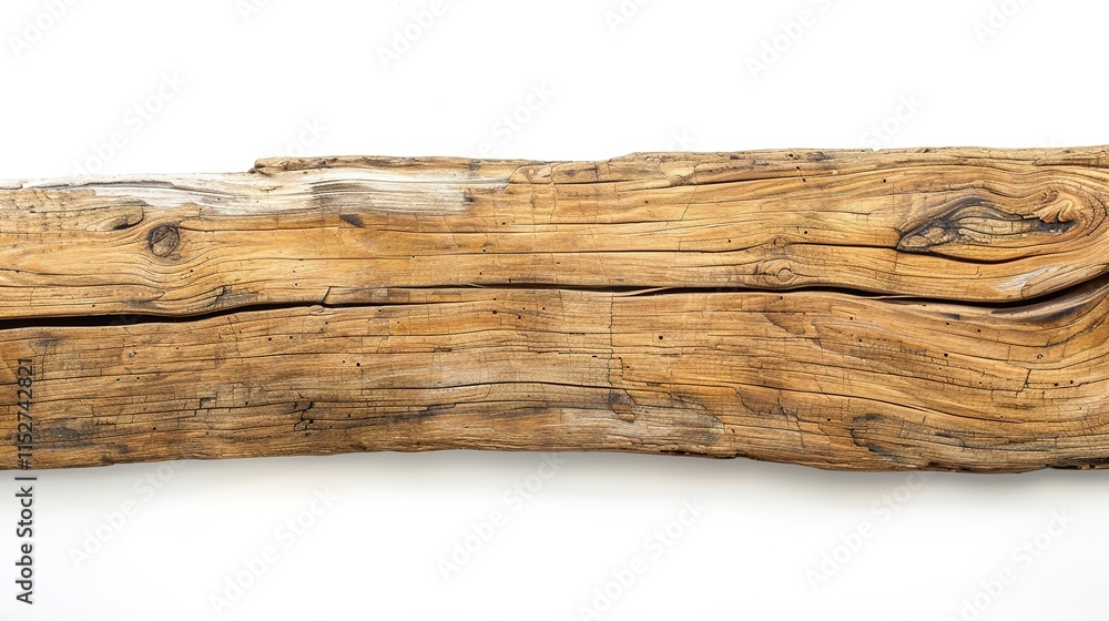 White background highlighting a solitary driftwood plank with its unique texture and shape, Driftwood plank showing the marks of time and nature's touch, A piece of driftwood on plain white backdrop White background highlighting a solitary driftwood plank with its unique texture and shape, Driftwood plank showing the marks of time and nature's touch, A piece of driftwood on plain white backdrop