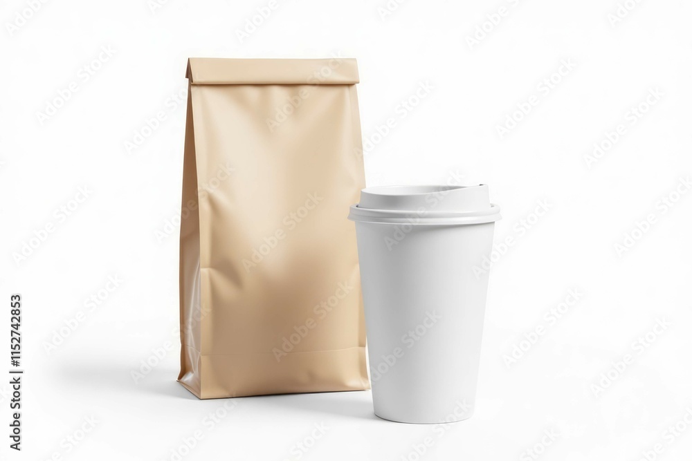 Brown Paper Bag Beside White Coffee Cup Mockup Brown Paper Bag Beside White Coffee Cup Mockup