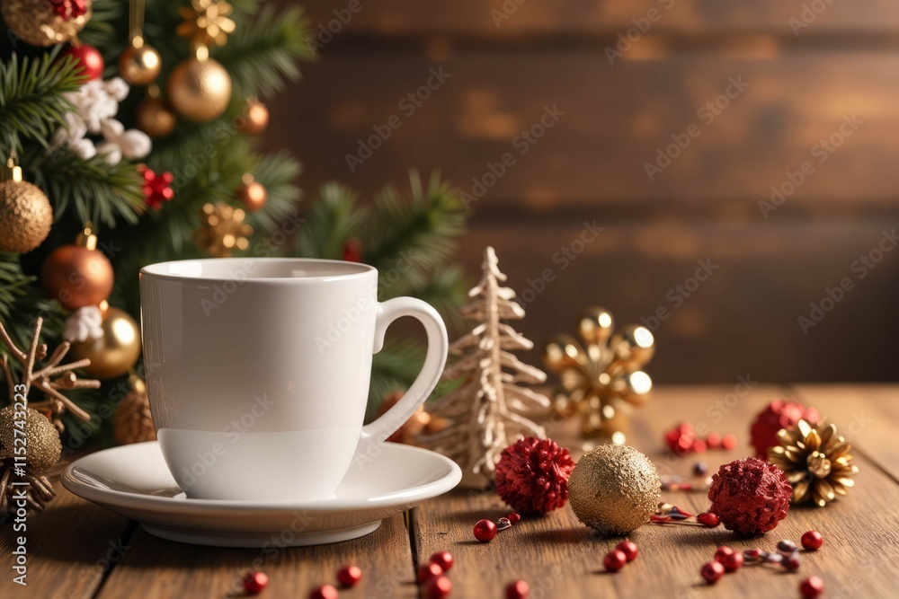 Fototapeta premium Christmas Coffee Mug Beside Decorated Tree