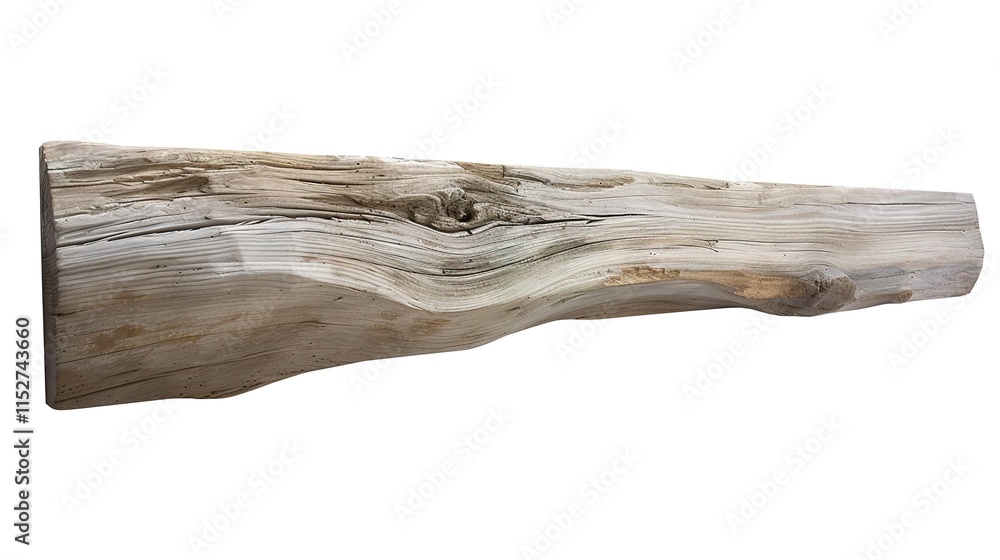 White background highlighting a solitary driftwood plank with its unique texture and shape, Driftwood plank showing the marks of time and nature's touch, A piece of driftwood on plain white backdrop White background highlighting a solitary driftwood plank with its unique texture and shape, Driftwood plank showing the marks of time and nature's touch, A piece of driftwood on plain white backdrop