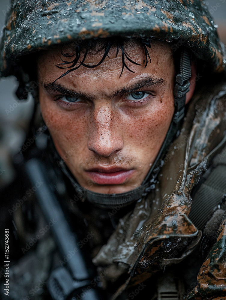 Fototapeta premium Determined soldier navigating a challenging battlefield