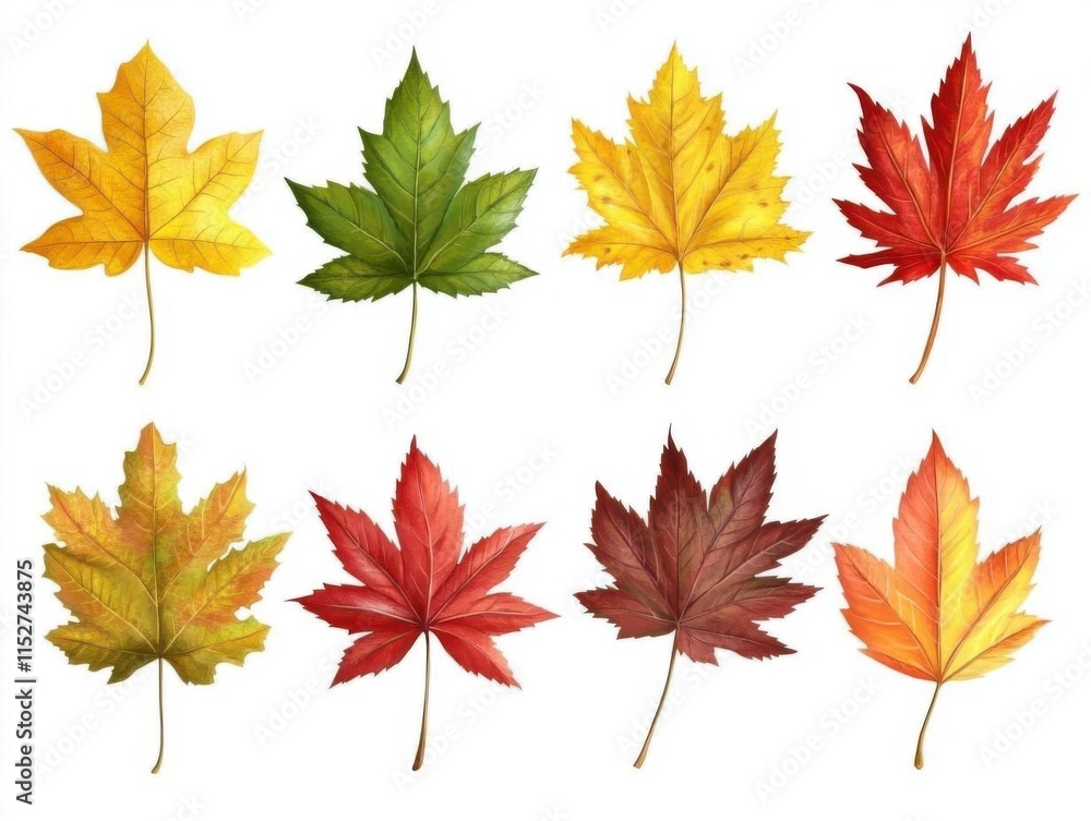 Eight Maple Leaves Change Color in Autumn with Colorful Leaf Collection. Eight Maple Leaves Change Color in Autumn with Colorful Leaf Collection.