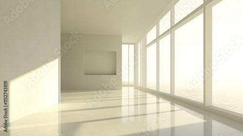 Empty white room with large windows, bright and airy