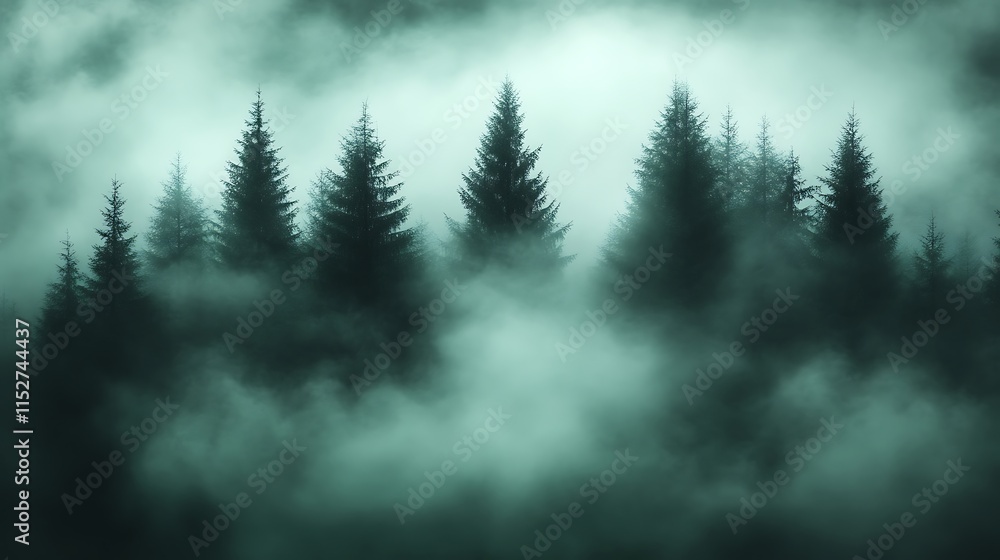 Dark Forest Trees Enveloped In Misty Fog Dark Forest Trees Enveloped In Misty Fog