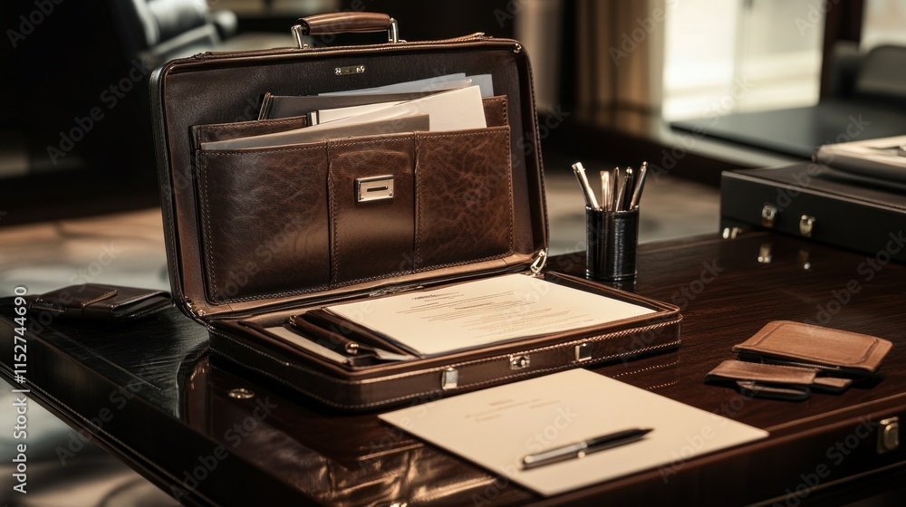 A luxury office space where a brown leather briefcase rests open, revealing neatly organized documents, a business card holder, and a pen on a dark oak table. A luxury office space where a brown leather briefcase rests open, revealing neatly organized documents, a business card holder, and a pen on a dark oak table.