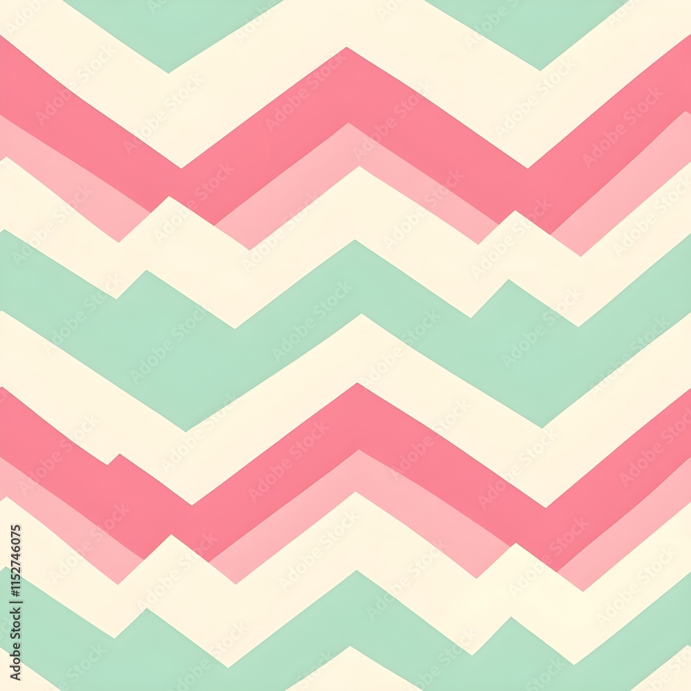 Pastel zigzag seamless pattern with alternating stripes of pink, cream, and mint green, creating a playful and modern design ideal for wallpaper, fabric, or cheerful decorative art projects Pastel zigzag seamless pattern with alternating stripes of pink, cream, and mint green, creating a playful and modern design ideal for wallpaper, fabric, or cheerful decorative art projects