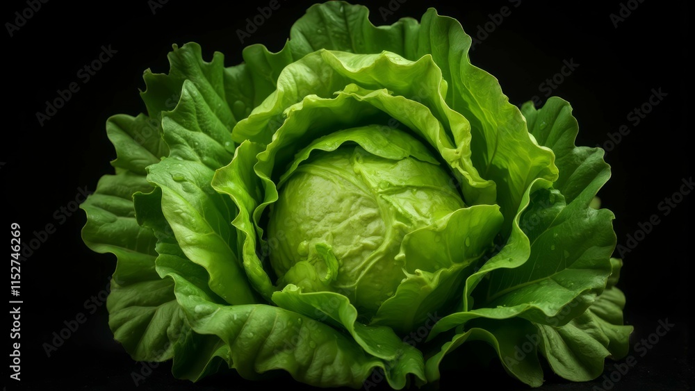 Fototapeta premium Fresh Green Lettuce Head Isolated on Black Background