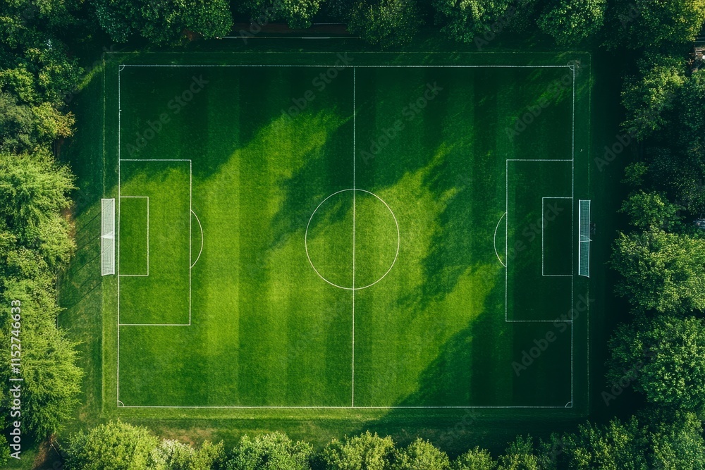 Aerial view of a soccer field surrounded by lush green trees. Aerial view of a soccer field surrounded by lush green trees.